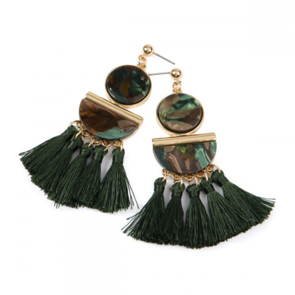 Dark Green Tassel Drop Earrings